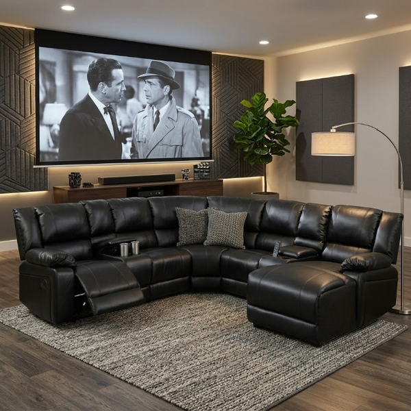 Wembley Luxury Recliner Sectional Couch in a modern living room with a home theater setup.