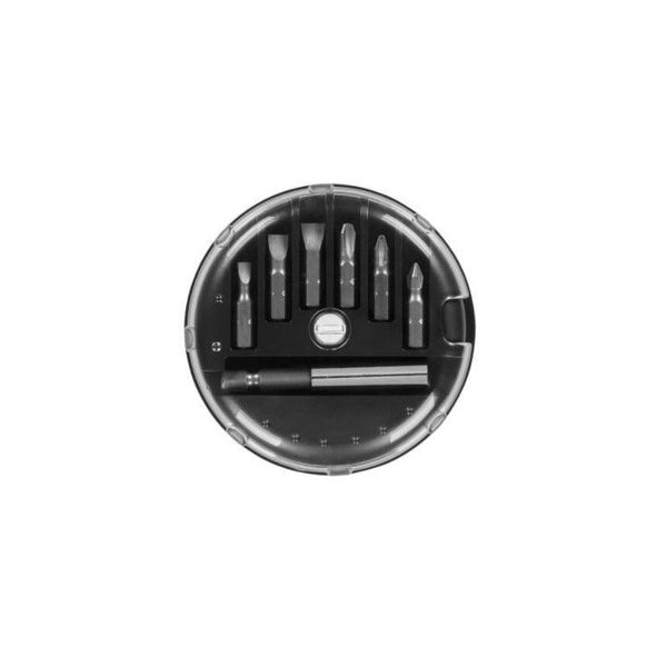 Steel Screwdriver Bit and Nut Driver 7 Piece Collection displayed in a round storage case, showcasing various screwdriver bits.