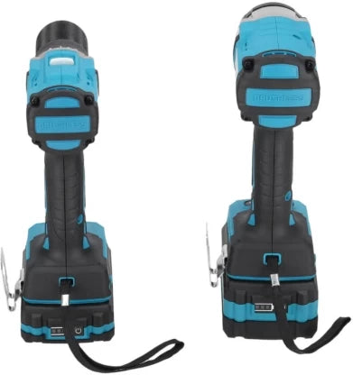 Image of a 1300W 2-Piece Cordless Power Drill and Wrench Set showing drill and wrench in blue and black design.