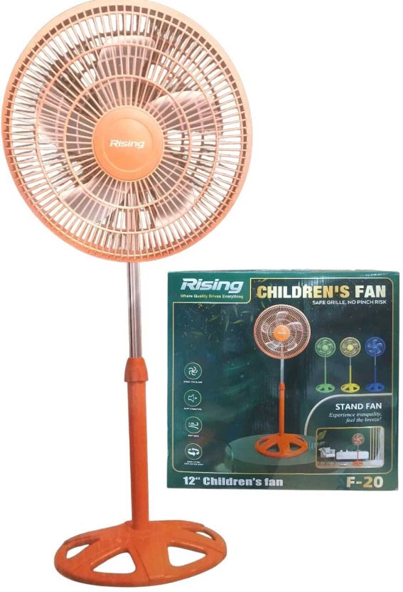 12 Inch Colourful Pedestal Fan with a safe grille and orange finish for kids' rooms.