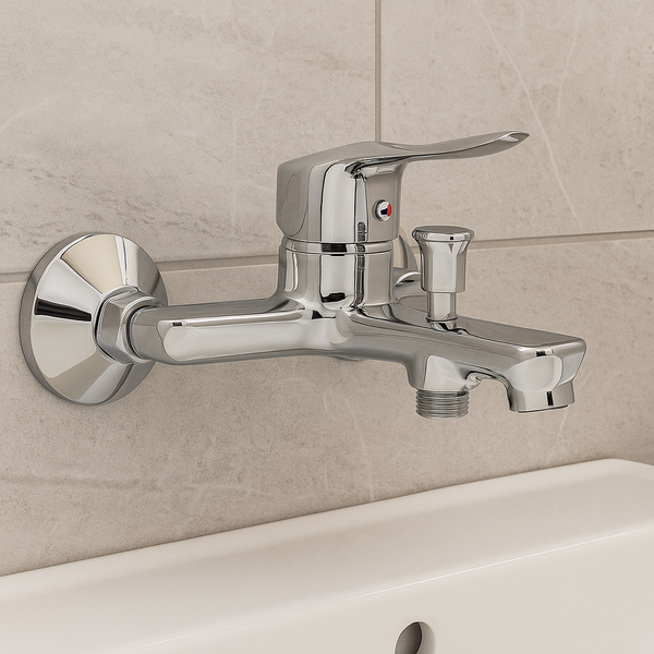 Wall Mounted Single Lever Bathtub Faucet with Pulsing Shower Head in sleek chrome finish.