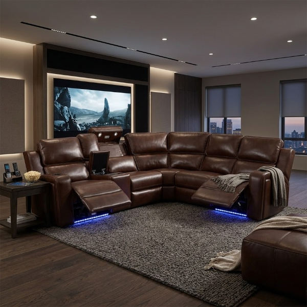 Ortho Power Recliner in a modern living room setting with ambient lighting and entertainment setup.
