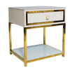 Modern Glossy Side Pedestal featuring a glossy finish and metallic accents, perfect for stylish spaces.