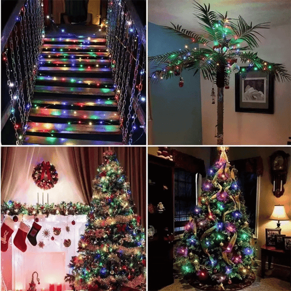 Various festive decorations using Solar LED Fairy String Lights - 20m, including trees and stairs, creating a colorful ambiance.