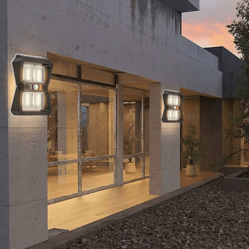 Solar Motion Wall Light illuminating the exterior of a modern home, enhancing security and visibility outdoors.