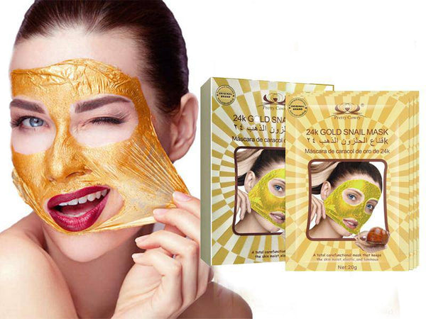 Woman applying 24K Gold Snail Mask for Cleaning and Firming Skin with product packaging in view.