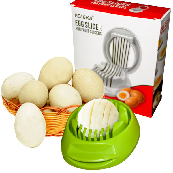 2 in 1 Egg Slicer with sliced hard-boiled eggs and eggs in a basket for meal prep and garnishing.