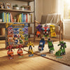 6-in-1 Engineering Squad Robot Vehicle Set featuring transformable vehicles and a large robot in a cozy living room.