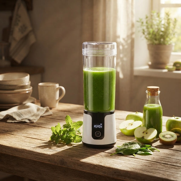 Digital Display Portable Juicer with green smoothie on wooden table, surrounded by fresh ingredients.