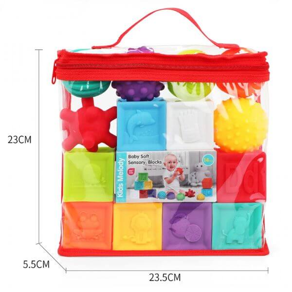 Perfect Dealz 14pcs Puzzle Sensory Soft and Textured Rubber Balls and Blocks Set For Kids