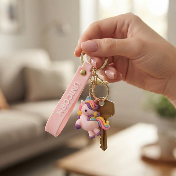 3D Unicorn Silicone Keychain with pink silicone strap and colorful unicorn charm, perfect for keys and bags.