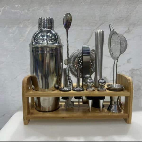 Perfect Dealz 12 Piece Stainless Steel Cocktail Shaker With Wooden Stand