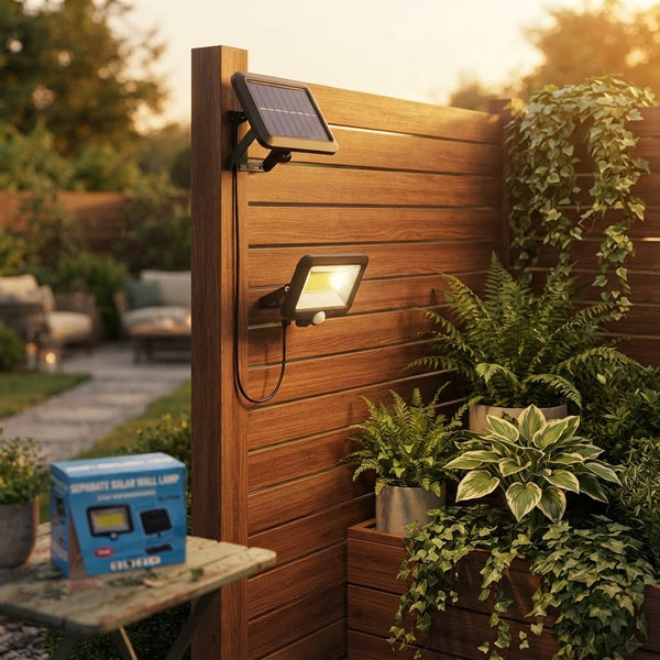 SL-F100 Separate Solar Wall Lamp mounted on wooden fence with solar panel, illuminating a garden setting.