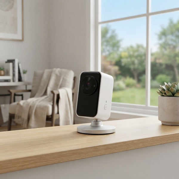 3MP 2K Wireless Window Security Camera positioned indoors monitoring the view outside through a window.