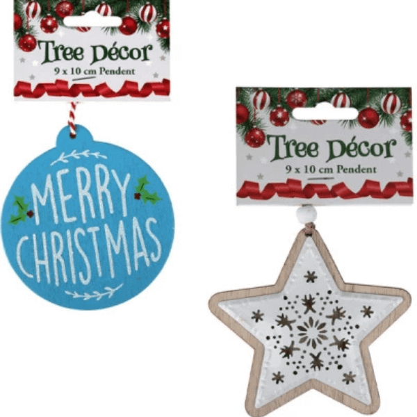 Festive Christmas Tree Hanging Ornaments Assorted 9x10 cm - Merry Christmas blue round and white star ornaments.