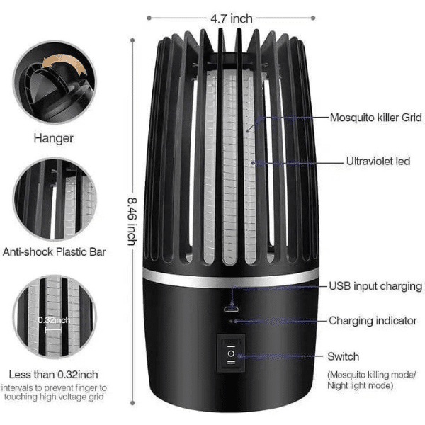 Bug Shield Pro LED Mosquito Killer features including USB charging, anti-shock design, and mosquito killer grid.