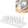 Adjustable Pots and Pans Organizer displaying kitchen storage solution efficiently organizing cookware.