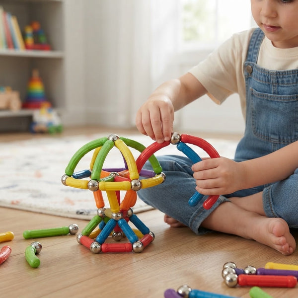 Child building a custom 3D structure with Flexible Magnetic Building Rods Set in a bright playroom.