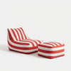 Red and White Striped Outdoor Bean Bag Lounger set with matching ottoman on a white background.