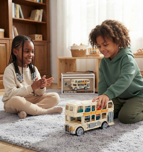 Children playing with the Electric Gear Retro Double-Decker Bus Toy on a rug in a brightly lit room.