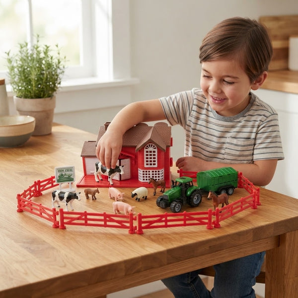 Child playing with the Happy Farm House Play Set, featuring animals and a toy barn on a table.