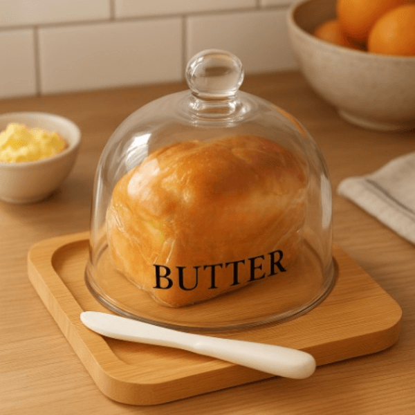 Perfect Dealz Wooden Butter Dish with Round Glass Lid and Knife