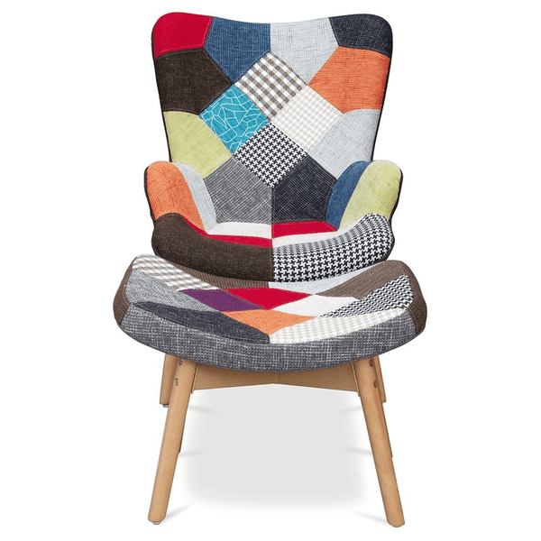 Relax Lounge Chair Set featuring a colorful patchwork design and matching footrest for ultimate comfort and style.