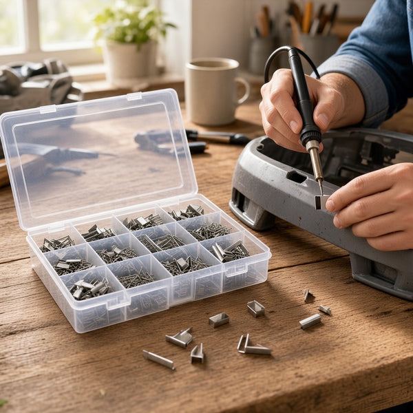Hot Stapler Plastic Repair Kit with 1200PCS Staples components organized in a clear toolbox during a repair process.