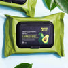 Avocado Deep Cleansing Wipes packaging with avocado graphic, perfect for removing makeup and impurities.