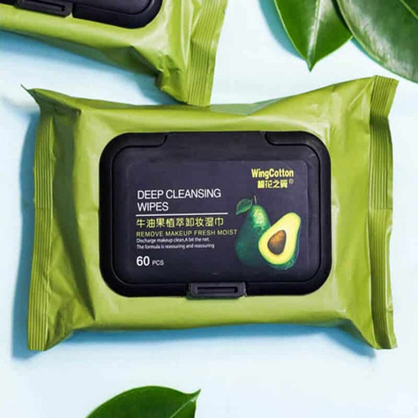 Avocado Deep Cleansing Wipes packaging with avocado graphic, perfect for removing makeup and impurities.