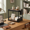 2-Tier Desktop Multi-Functional Storage Rack on a desk organizing items like stationery and a plant.