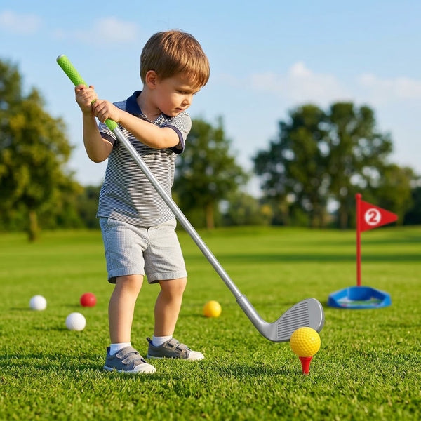 Child practicing golf with the Little Swing Kids Golf Set on a sunny day outdoors.