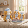 Beret Puppy Plush Toy trio arranged on books, showcasing their playful design and soft textures in a cozy setting.