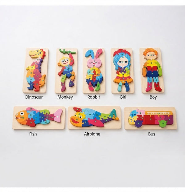 Wood Wonder 3D Animal & Traffic Puzzle Set colorful wooden pieces including dinosaur, monkey, rabbit, girl, boy, fish, airplane, and bus.