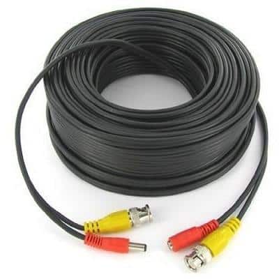 50m Power and Video CCTV Camera Cable coiled with connectors for secure video and power transmission.
