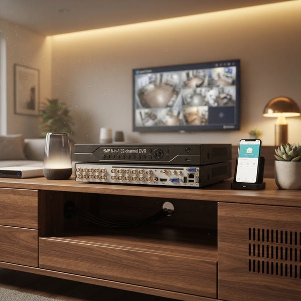 5MP 5-in-1 32-Channel Hybrid Digital Video Recorder on a wooden TV stand with modern decor.