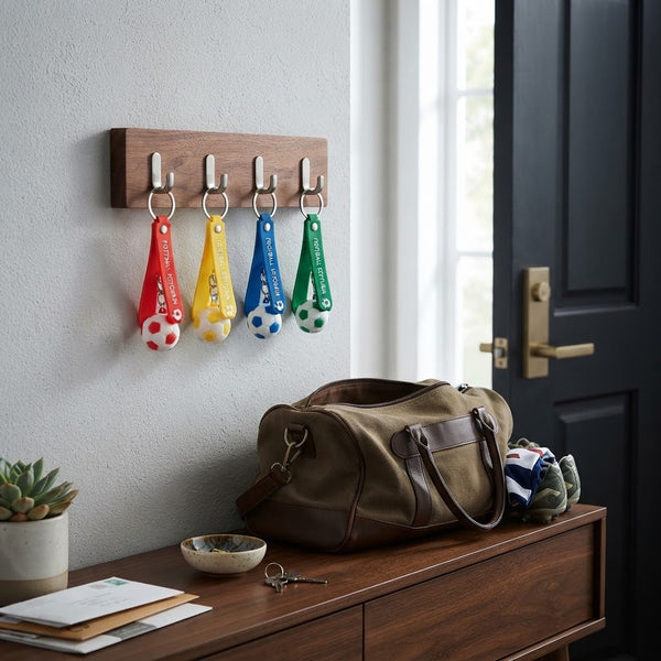 Football Silicone Keychain display with colorful charms hanging on a wooden rack next to a stylish duffel bag.
