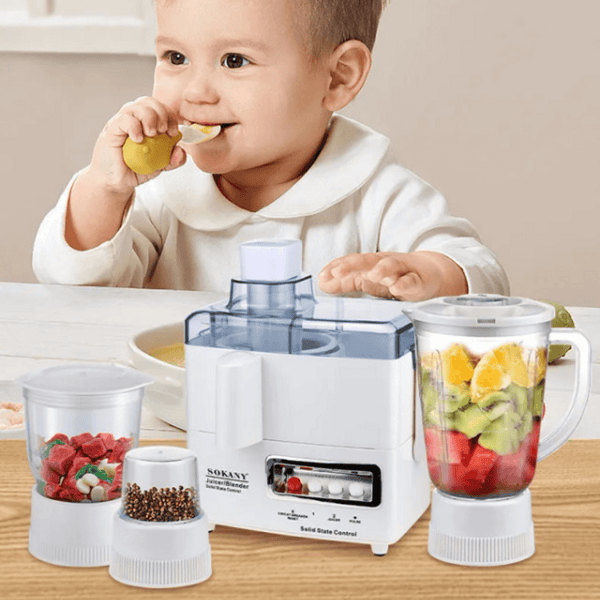 4 in 1 Food Processor Juicer Blender and Grinder Combo with child enjoying healthy snacks at kitchen countertop.