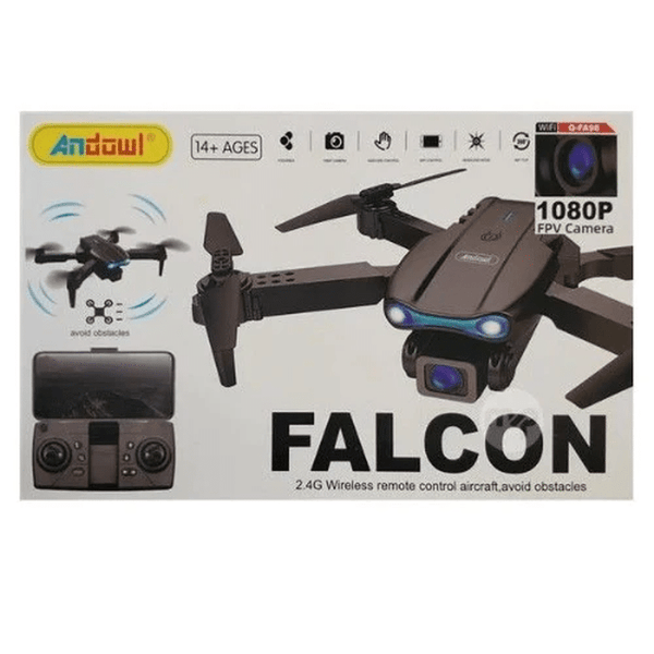 Falcon Wireless Drone packaging featuring 1080P FPV camera and remote control for obstacle avoidance.