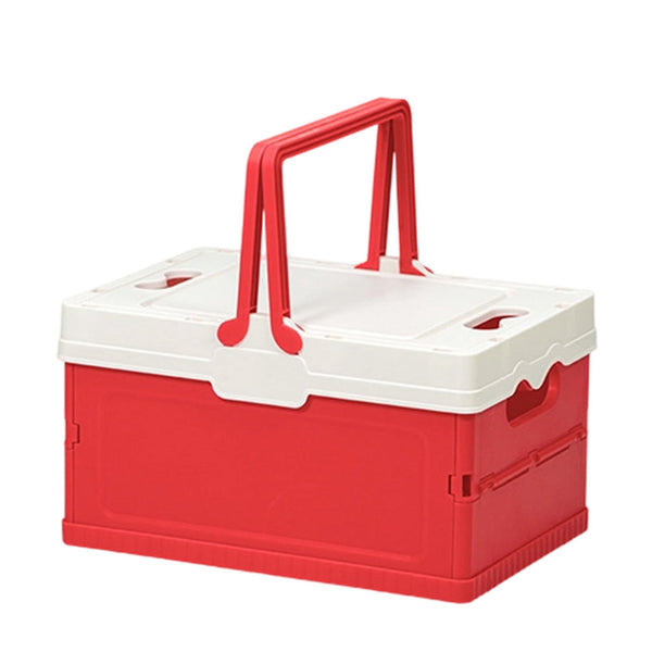 Foldable Plastic Camping Storage Box in red and white, ideal for organization and camping trips.