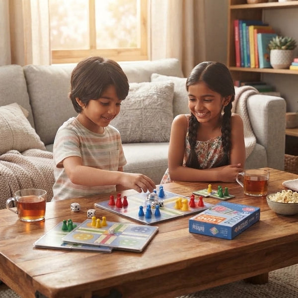 Kids enjoying the Mini Magnetic Ludo Board Game on a wooden table with snacks and drinks.