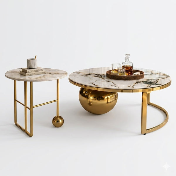 Luxury Marble and Gold Nesting Coffee Table Set featuring elegant marble tops and gold accents.