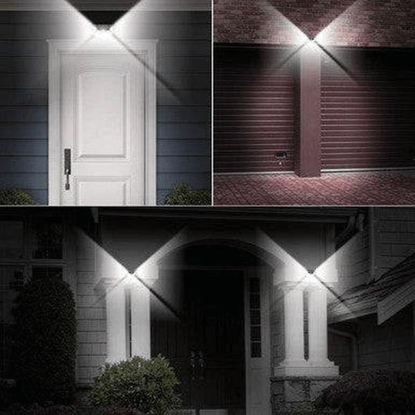 Image showcasing 114 Solar Motion Sensor LED Wall Light illuminating entryways and walls for enhanced outdoor security.