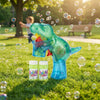 Dino Light-Up Bubble Gun - Assorted with colorful bubbles in a park setting, featuring bubble solution bottles.