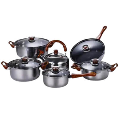 Perfect Dealz 12 Piece Pot Set Stainless Steel Base with Wooden Grain Finish