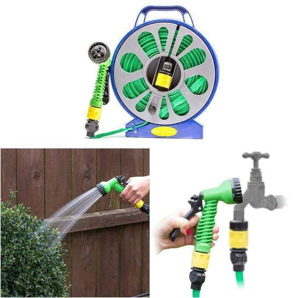15m Flat Hose with Spray Nozzle on a reel, demonstrating watering plants and connected to a faucet.