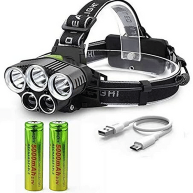 USB Rechargeable Waterproof LED Headlamp with rechargeable batteries and USB cable for outdoor use.
