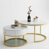 Coffee Table with Wooden Drawer and Metal Frame, featuring round designs and elegant gold accents.