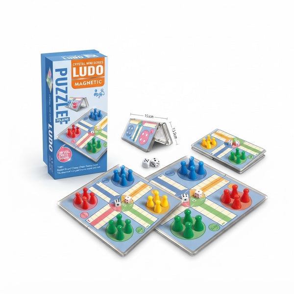 Mini Magnetic Ludo Board Game displayed with game pieces, dice, and packaging, perfect for family entertainment.