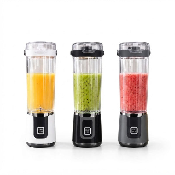 Digital Display Portable Juicer in white, green, and black showcasing vibrant smoothies.